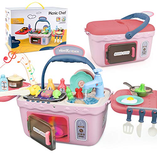Dreamon Spielküche Spielzeug Kinderküche Zubehör Kochset Kinder Picknickkorb mit Musik Licht, Kinder (Rosa)