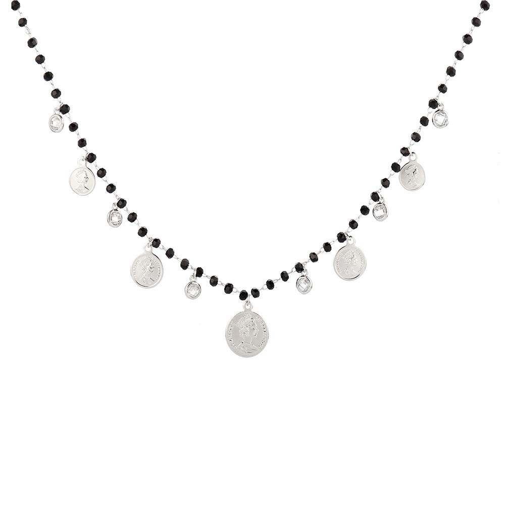 Copper Necklace Black Crystal Bead Chain Coin Queen Elizabeth Portrait Cubic Zirconia Pendant Vintage Style Women Necklace Gift for Mom