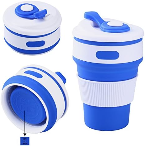 Uarter Foldable Travel Coffee Mug, Silicone Collapsible Cup with Lid for Suitable for Travel, Outdoors, Camping, Hiking and Picnic, 350ml, Blue