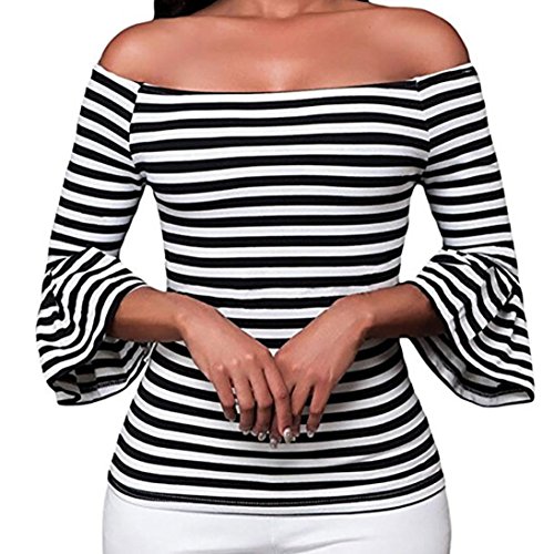 Women's Off Shoulder Striped Flared Sleeve T Shirt Pullover Top Blouse (US6/M, Black)