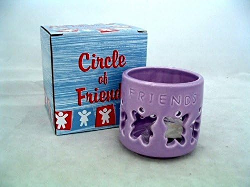 Votive/Tea Light Candle Ceramic Holder - 2 3/4" Diameter X 2 3/4" Height - Circle of 8 Girl Friends Stencilled Through Sides (Mulberry Color)