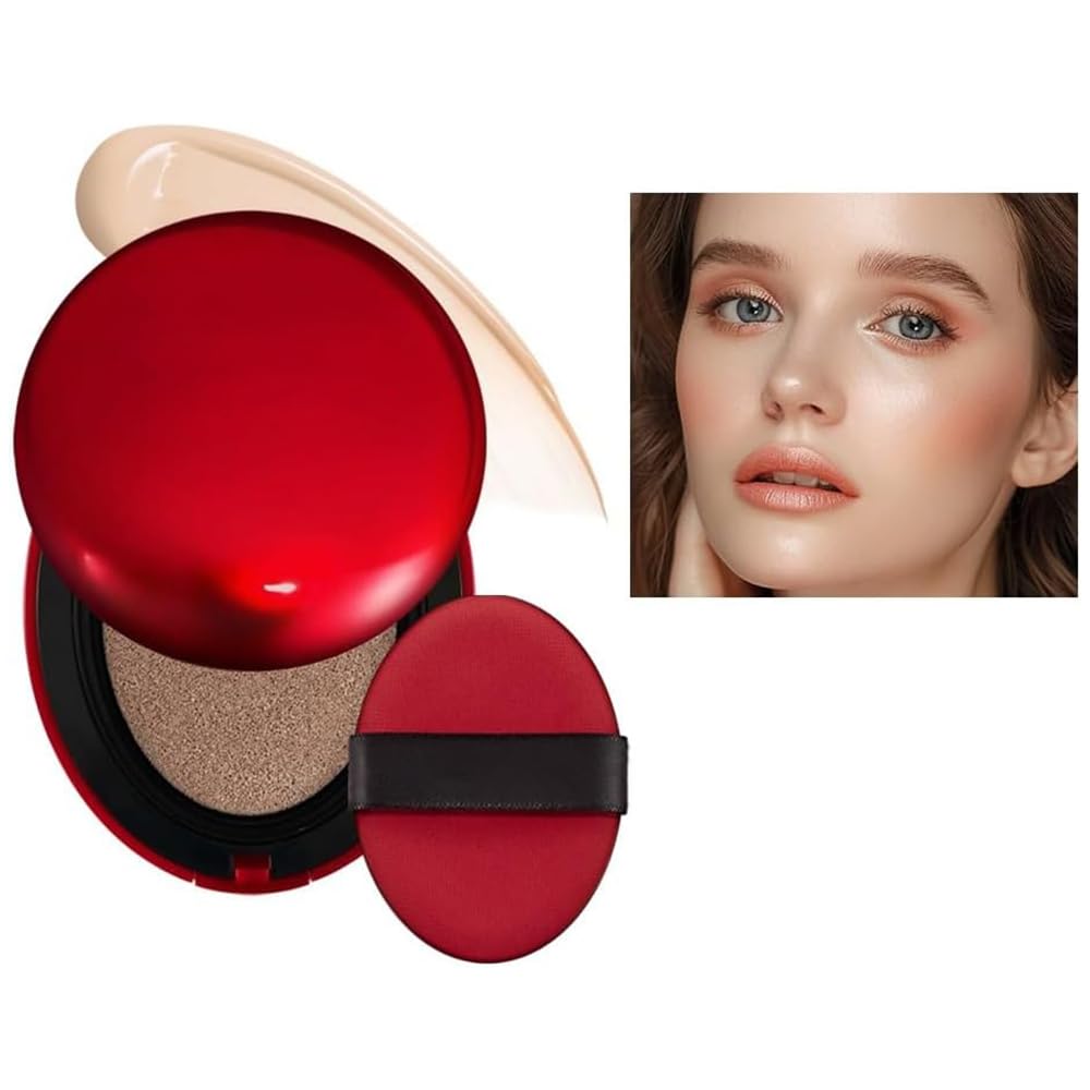 Cushion Foundation, Semi-Matte Finish 72-Hour Foundation Full Coverage Sun Protection, Waterproof, Clear Makeup Red+Shell+Air Focuses on Keeping The Coverage Great,18g