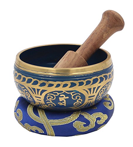 DharmaObjects ~ Tibetan OM MANI Singing Bowl Set ~ With Mallet, Brocade Cushion & Carry Bag ~ For Meditation, Chakra Healing, Prayer, Yoga (Blue)