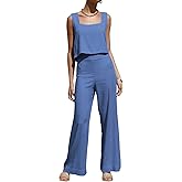 ROYLAMP Women's Summer 2 Piece Outfits Sleeveless Square Neck Tops Wide Leg Pants set Jumpsuit with Pockets