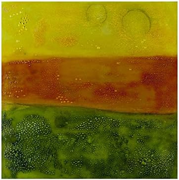 Moons is an Original Glazed Acrylic Abstract Painting, on 6x6 inch Flat Claybord, in shades of Yellow, Orange and Green.