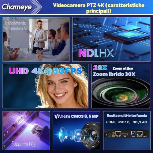 Chameye 4K PTZ Camera with NDI, AI-Automatic Tracking, 20X Optical Zoom (30x Hybrid Zoom), NDI HX Certified, HDMI/USB 3.0/LAN, for Church, Worship, Education, Conferences, Black (C420T)