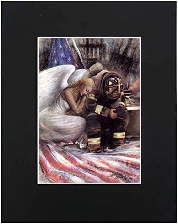 XQArtStudio Angel & Firefighter NYFD 911 8x10 Black Matted Art Artworks Print Paintings Printed Picture Photograph Poster Gift Wall Decor Display