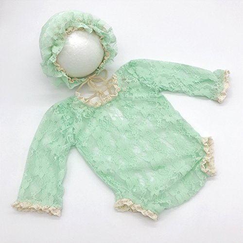 Baby Photography Props Lace Hats Rompers Newborn Girl Photo Shoot Outfits Hat Set Infant Princess Costume (Light Green)