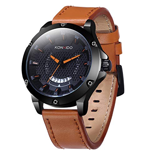 Mens Quartz Watch, Business Casual Fashion Analog Wrist Watch Classic Calendar Date Window, Waterproof 30M Water Resistant Comfortable Genuine Leather Watches Brown Color