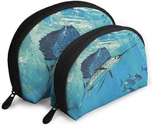Zetena 化粧ポーチ カジキ 海 ブルー トラベルポーチ 収納ポーチ レディース 化粧バッグ 2枚セット 収納バッグ 多機能 大容量 小物入れ ジッパー式 旅行出張用