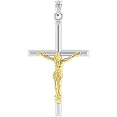 Jewelry America 14k White Gold Two-Tone Tube Cross Charm with Jesus Crucifix Pendant