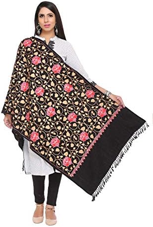 Kashmiri Women's Embroidered Woolen Shawl/Stole Wrap (Black) by The MadhuSudan Gallery