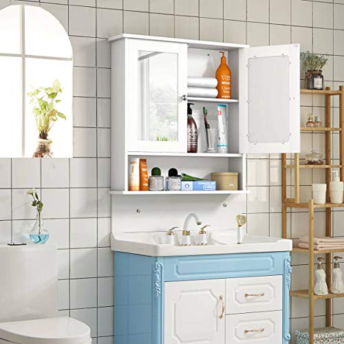 Tangkula Bathroom Cabinet Wall Mounted With Double Mirror Doors Wood Hanging Cabinet With Doors And Shelves Bathroom Wall Mirror Cabinet White Pricepulse