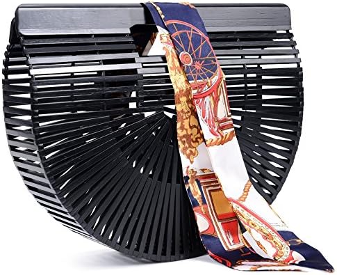 Bamboo Handbag Handmade Tote Bag Handle Straw Beach Bag for Women By Samuel (Black)