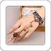 Yheahin Gothic Black Lace Bracelet with Ring Vintage Red Rose Flower Slave Bracelet Crystal Tassel Charm Lolita Costome Harness Hand Chain for Women