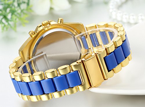 JewelryWe Reloj de Negocio Reloj de Caballero número Romano Tres Ojos Decorativos Acero Inoxidable Dorado Azul - Imagen 4