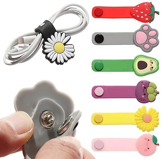 12PCS Silicone Cable Organisers With Metal Snap Button - Cute Cartoon Reusable Manager Straps, Wire Wrap, Releasable Tidy Wrap, Headphone Manager Cord Keeper Set