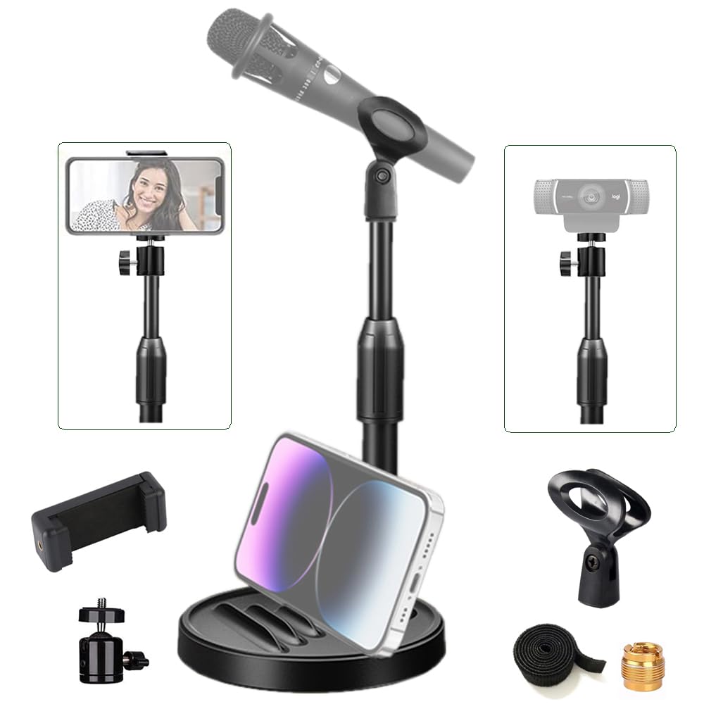 Tentucro [3-in-1] Desktop Microphone Stand Webcam Mount Phone Holder, Adjustable Table Mic Stand Tablet Phone Stand with Mic Clip, Phone Holder, 3/8" to 5/8" Metal Adapter, Tripod Head