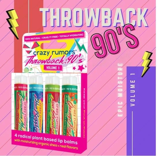 Crazy Rumors Throwback 90's Lip Balm mix set. Natural and Vegan lip balm sticks in nostaligic1990's themed flavours! (Cucumber Melon, Blue Razzberry, Kiwi Strawberry, Orange Pop!)