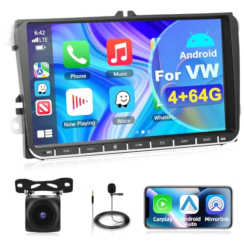 Motorsi Carplay Car Radio for VW Passat Golf MK5 MK6 Jetta Polo Touran Sharan Seat, 4GB+64GB Android Car GPS Radio Navigation WiFi FM/RDS EQ DSP SWC Bluetooth Canbus + Camera