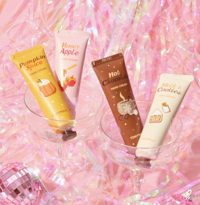 TONYMOLY Razzle Dazzle Hand Cream Gift Set, 4 Scents - Pumpkin Spice, Honey Apple, Hot Chocolate, Milk & Cookies, Cruelty-Free, Korean Beauty