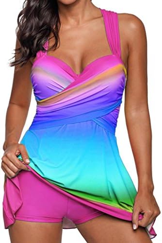 Colorful Women Plus Size Bikini Set, (TM) Lady Teen Girls Rainbow Swim Dress Tankini Outfits Swimsuit Beachwear Padded Swimwear Bikini Set S-5XL