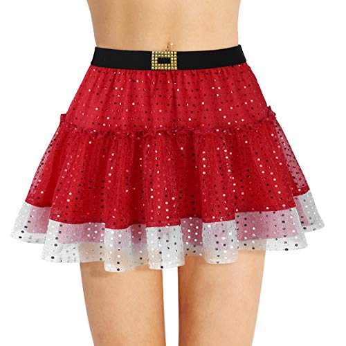 Womens Sexy Christmas Mrs. Santa Claus Sequin Pleated Tutu Mini Skirt