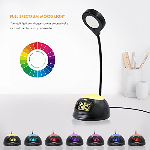 [New Version] iCKER 12 LED Desk Lamp with Alarm Clock for Bedrooms, Eye Protection Lamp for Readers, Kids, Students, Dual USB Ports Desk Clock for Phone Charging, Changeable Colors Nightlight, 7W