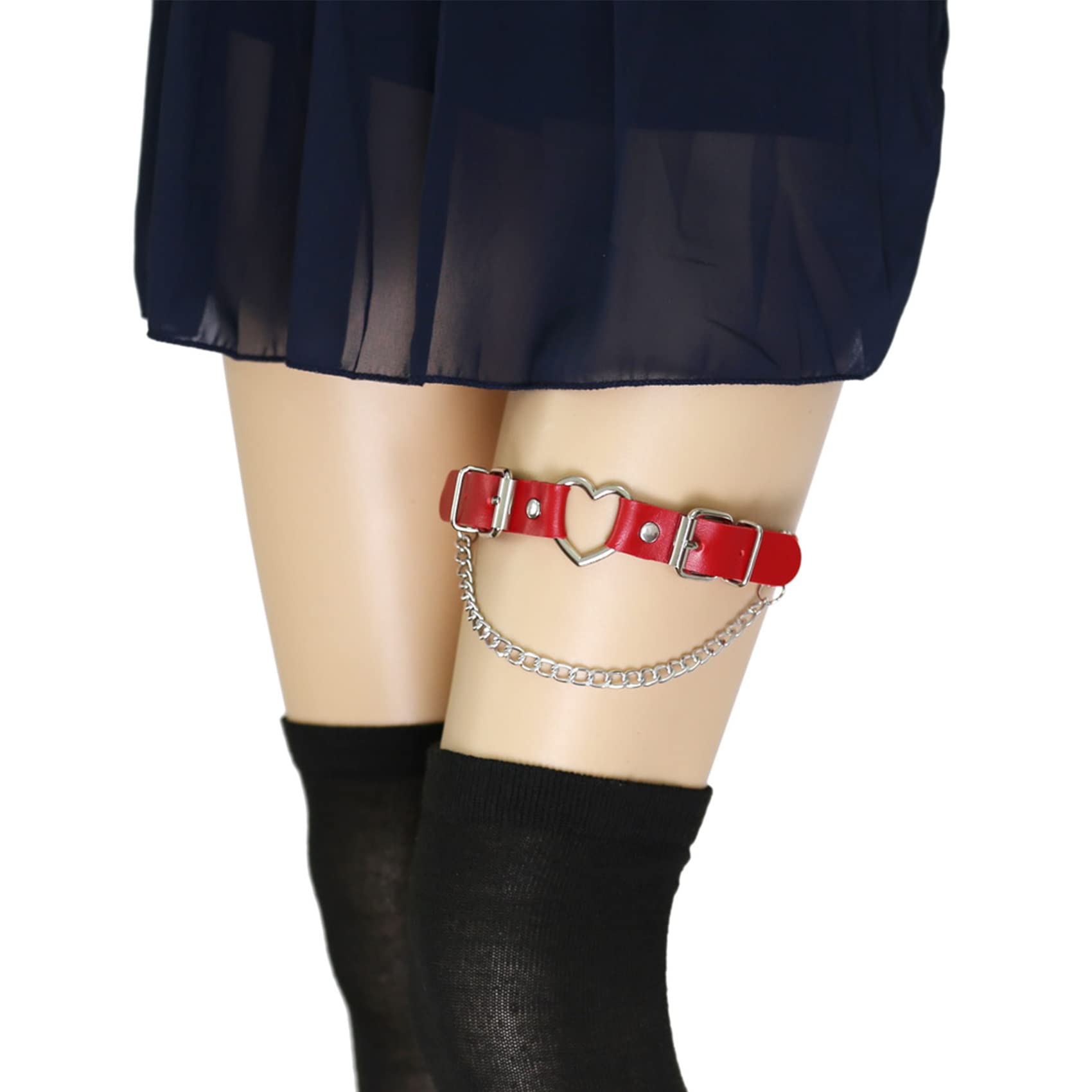 2PCs Leather Leg Garter with Chains, Elastic Rock Heart Thigh Garter for Women