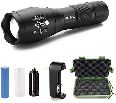 UOTOO CREE XML-T6 LED Tactical Handheld Flashlight kit, High Powered 1400 Lumen Adjustable Focus 5 Light Modes, cree led flashlight torch, with Rechargeable 18650 Lithium Ion Battery and Charger