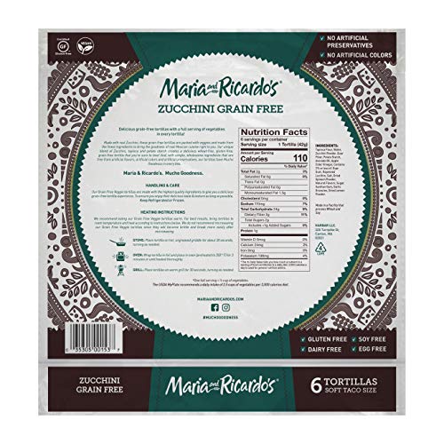 Maria & Ricardo's Zucchini Grain Free Tortillas. (3 Packages) 1 serving of vegetables in each tortilla. Non GMO PV. Vegan. Gluten Free. 6 Tortillas per Pack (18 Tortillas)