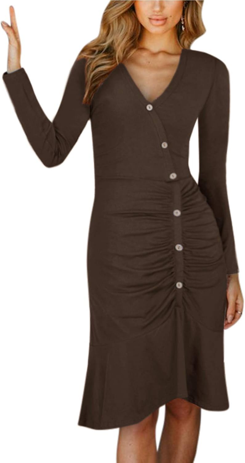 VOTEPRETTY Women's Long Sleeve Button Ruched Cocktail Party Midi Dress