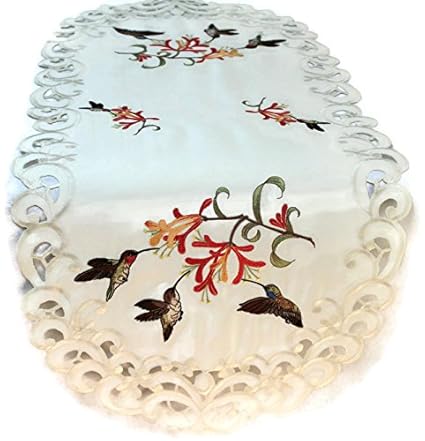 Table Runner Embroidered with Hummingbirds on Ivory Fabric, Size 34 x 15 inches