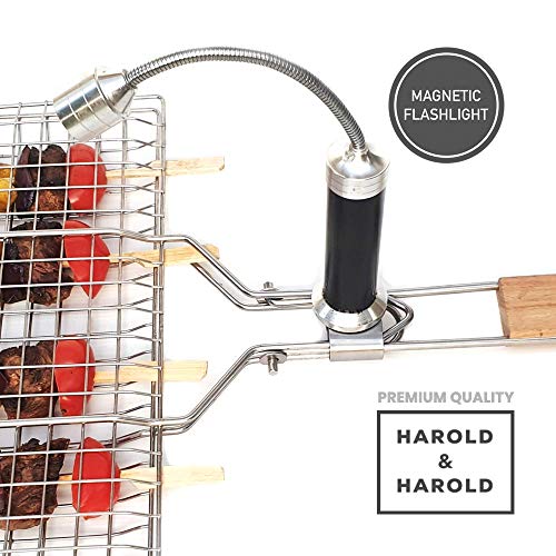 Harold & Harold BBQ Portable Grilling Basket Folding with Magnetic Grill Light and Removable Handle for Fish, Vegetables, Steak, Shrimp or Kabobs. Outdoor Grill Basket with Barbecue Grill Light