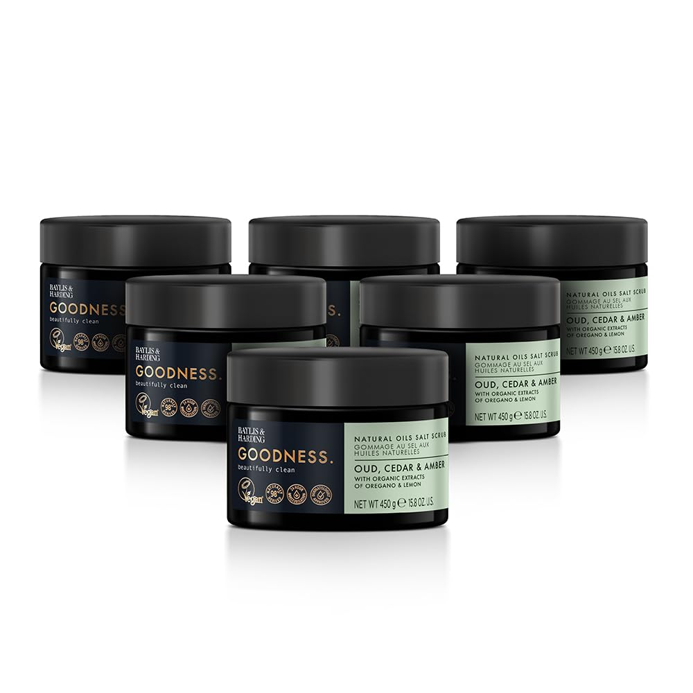 Baylis & Harding Goodness Oud, Cedar & Amber Natural Oils, Salt, Apricot and Olive Stones Scrub, 450 g (Pack of 6) - Vegan Friendly — image 1