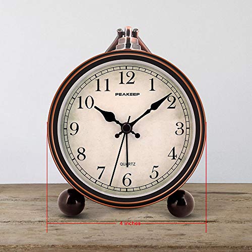 Peakeep 4" Battery Operated Antique Retro Analog Alarm Clock, Small