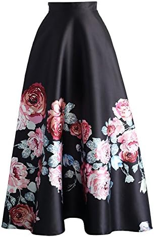 Angelia Women Silk 50's Vintage Blossoming Floral Print High Waist Retro Maxi Skirt with Back Zipper