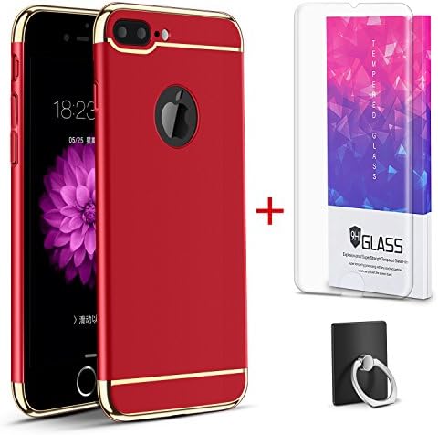 Hanglong 3 in 1 Full Protective Phone Case with Electroplate Frame For iPhone 7 Plus (with one Tempered Glass Screen Protector)-Red