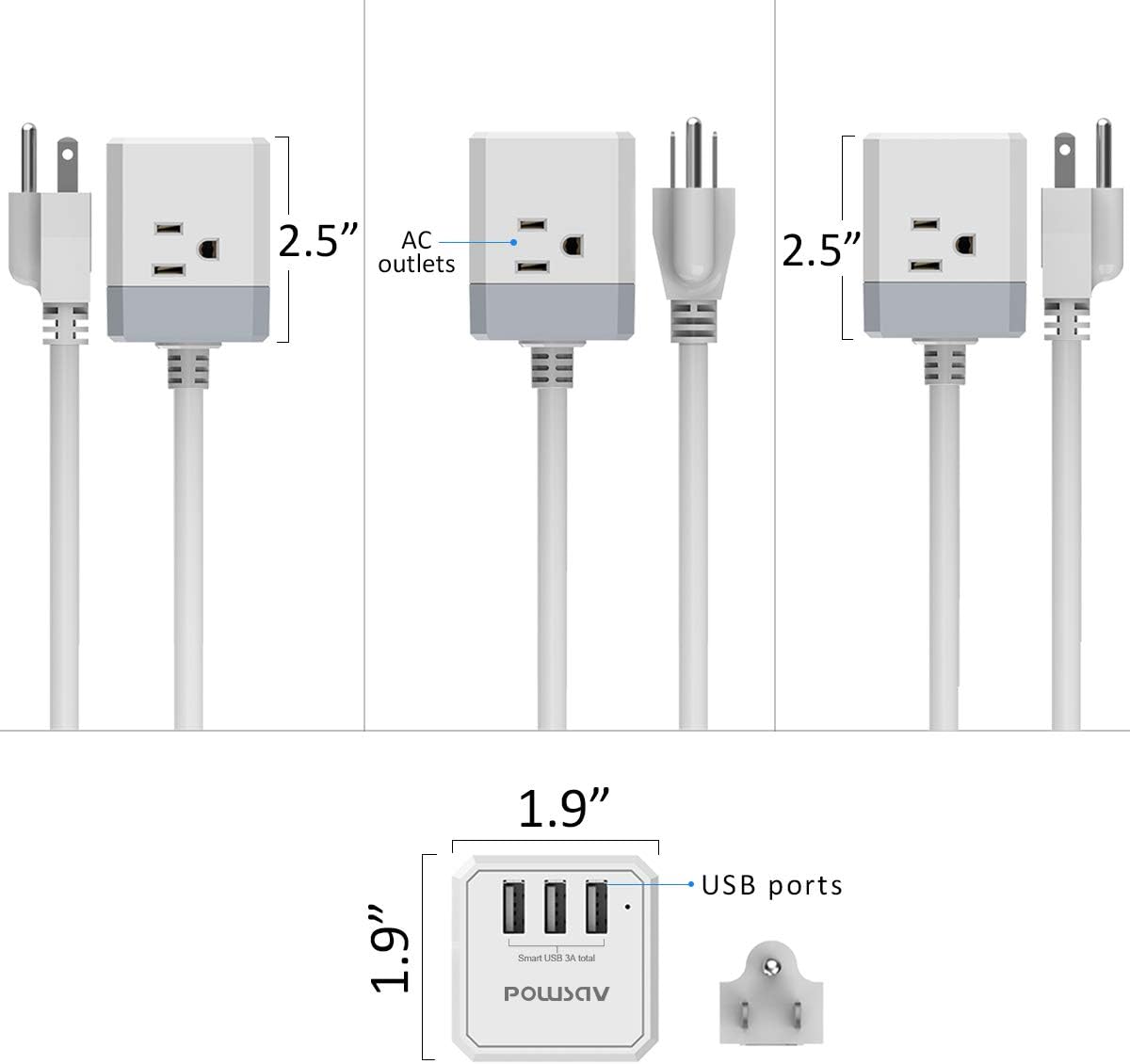 Power Strip, POWSAV Extension Cord with 3 USB Ports(Smart 3.0A Total) and 3-Outlet Extender, 6 Feet Cord, Compact Size for Cruise Ship, Home, Office,Dorm Essentials, ETL Listed: Home Audio & Theater