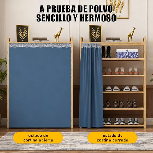 Zapatero de Bambú con Cortina, Diseño Plano de 6 Niveles, con Capacidad para 24 Pares de Zapatos, Cada Nivel Soporta 20 kg, Longitud Total 70 cm.