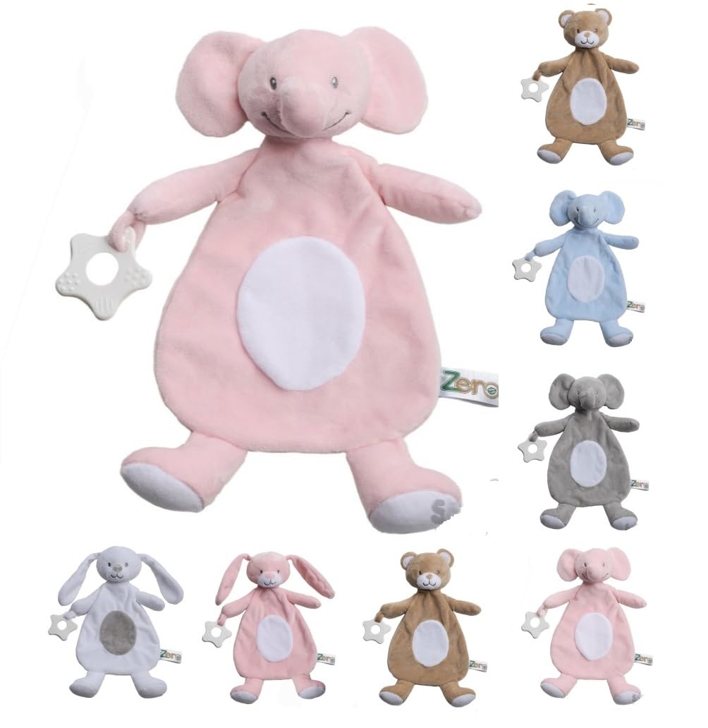 OnlyBee Newborn Baby Comforters with Taggies and Teether Elephant Bunny Teddy Bear (Newborn to 0 Months, Pink Elephant)