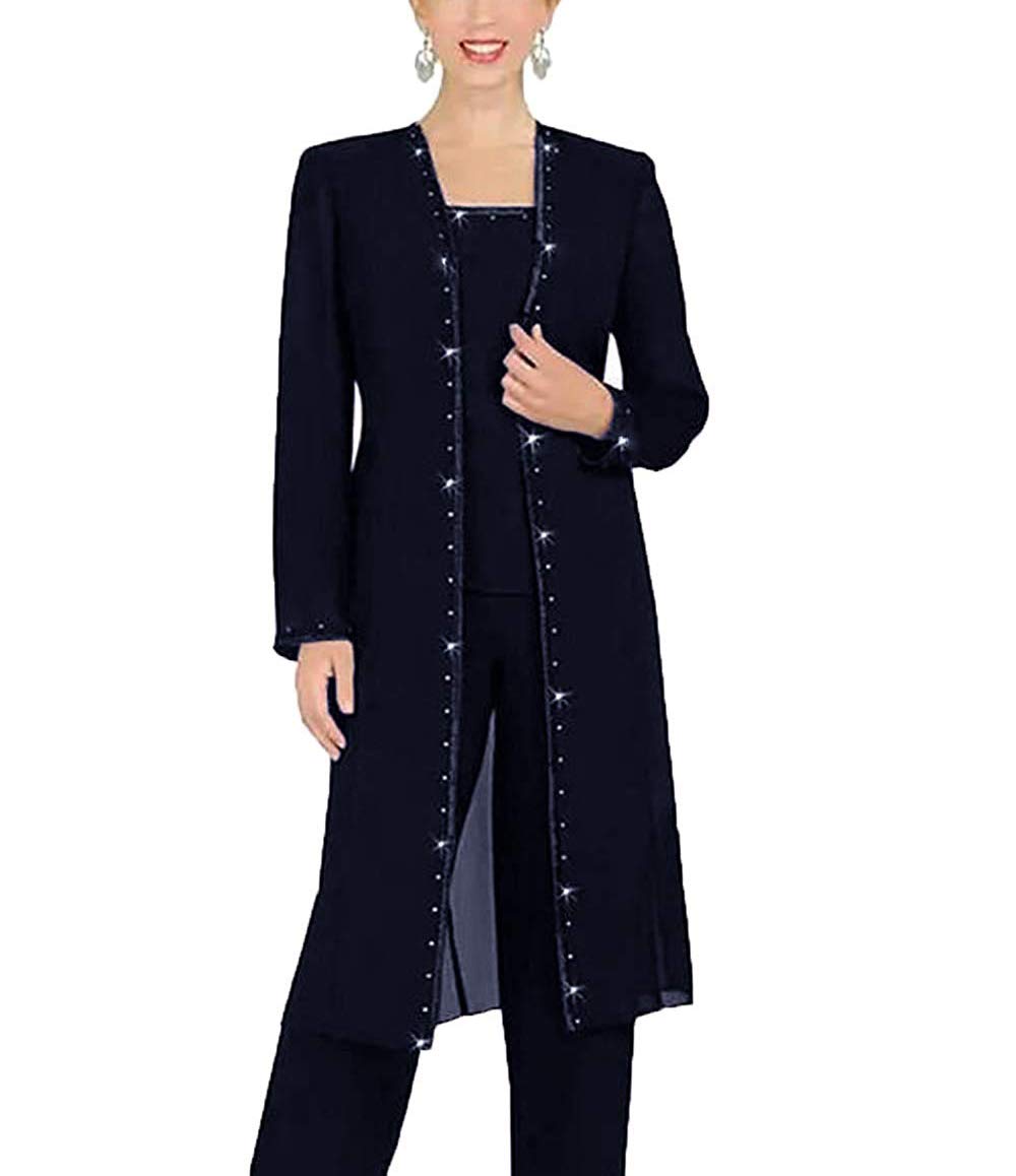 JINGDRESS Chiffon Mother of The Bride Pant Suits Long Sleeve Jacket