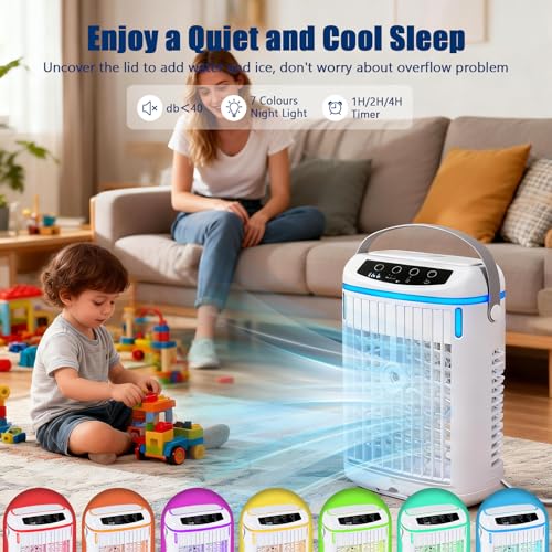 4 in 1 Mobile Air Conditioner with Remote Control, 1/2/4H Timer, 3 Speed, 3 Mist Modes, 1000ml Tank, 7 Color LEDs, Touch Screen, Personal Fan Mist for Home Office