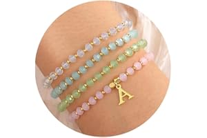 IEFWELL Initial Bracelets for Women Girls - 4Pcs Crystal Bracelets Set Pink/Blue/White/Green Crystals Beaded Bracelet Stretch Bracelet Kid Jewelry Birthday Gifts for Teen Girls Kids Toddler