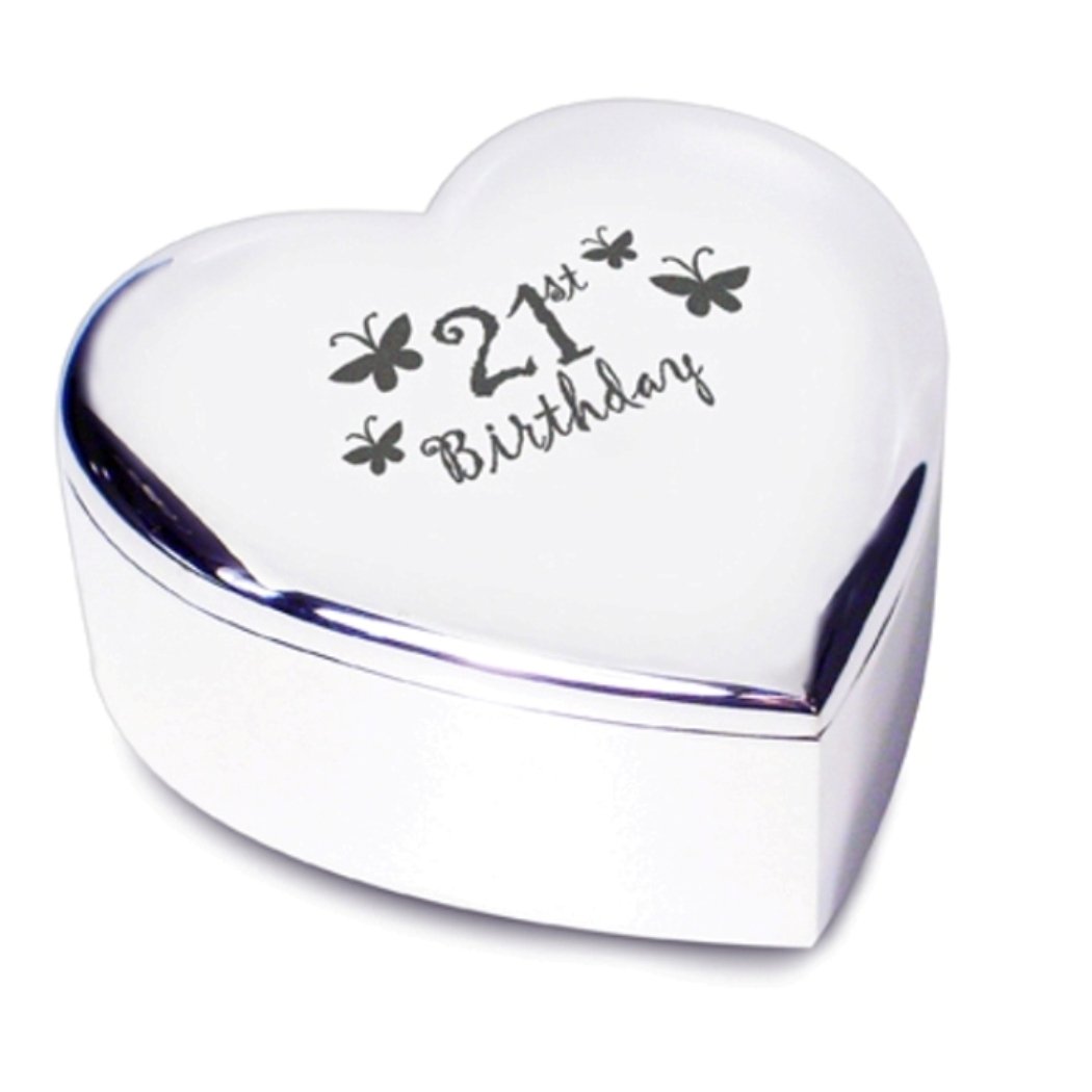 21st Birthday with Butterflies Silver Finish Heart Shaped Trinket Box