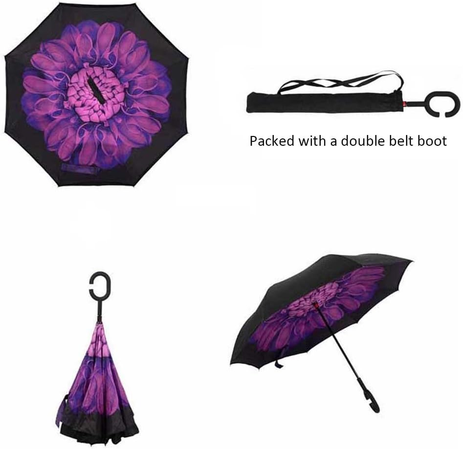 Asiki Windproof Reverse Folding Double Layer Inverted Umbrella with C shape Handle, Self Standing, Inside Out, Hand Free, Variety colors