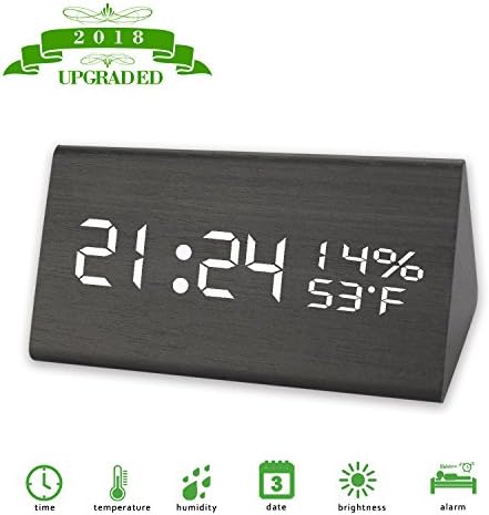 [2018 Upgraded] Digital Alarm Clock,Three Alarm Sets,3 Brightness Levels,Dual Time (12/24) Mode with Wooden Electronic LED Time Display, Dual Temperature &amp; Humidity Detect for Bedroom