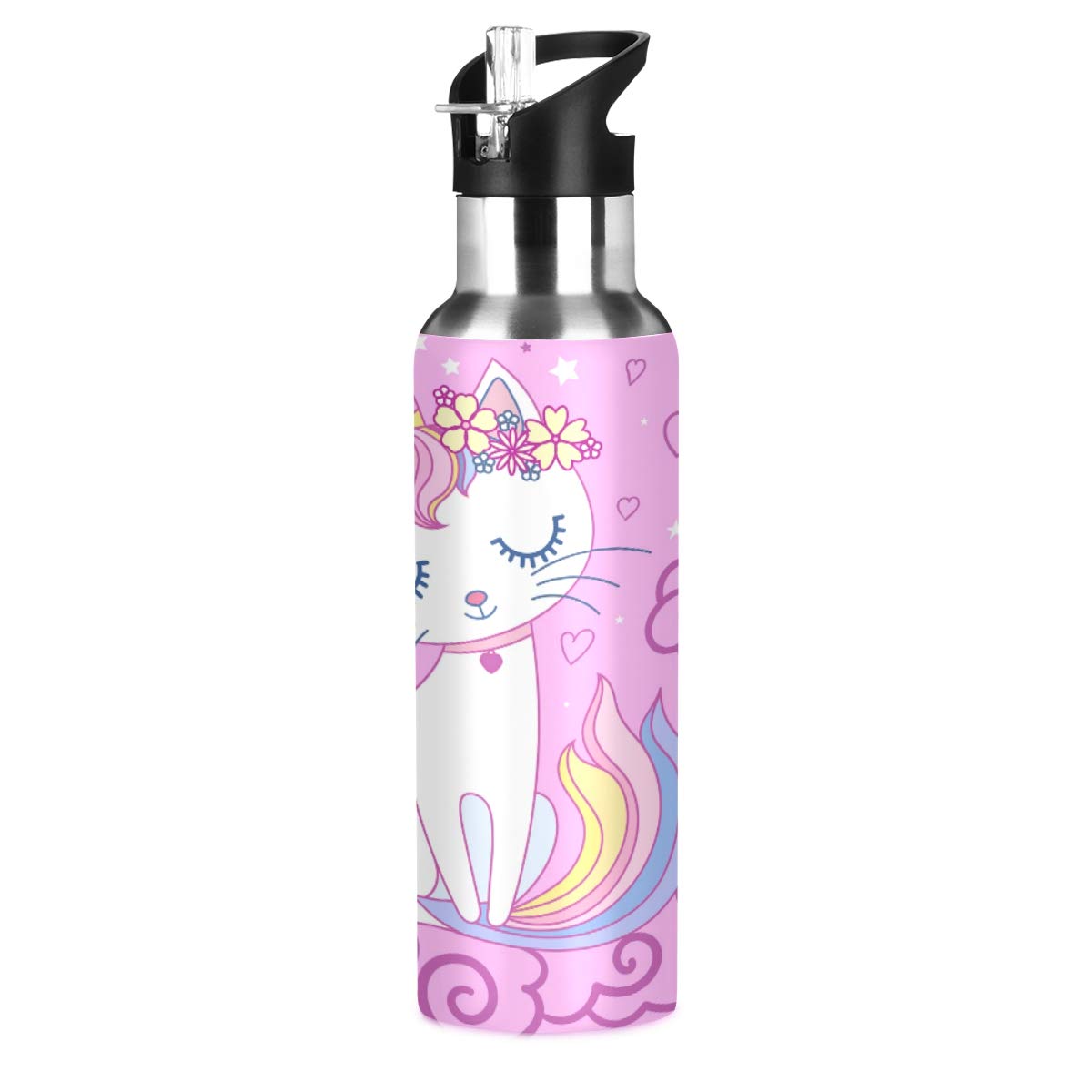 ALAZA Stainless Steel Water Bottle with Straw, Cute Cartoon Rainbow Cat Unicorn Insulated Drink Flask Sports Water Bottle for Kids Adults, Leakproof, 600ml