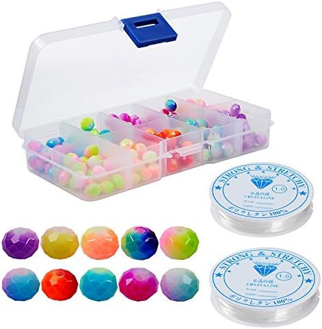 YUEAON 200 pcs 8mm rainbow crystal beads for jewelry making supplies kit Faceted-painted-Briollete Rondelle Shape(2 rolls elastic cord and container box include)
