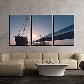 3 Piece Canvas Wall Art - Construction of The Pipeline into The sea. - Modern Home Art Stretched and Framed Ready to Hang - 16"x24"x3 Panels